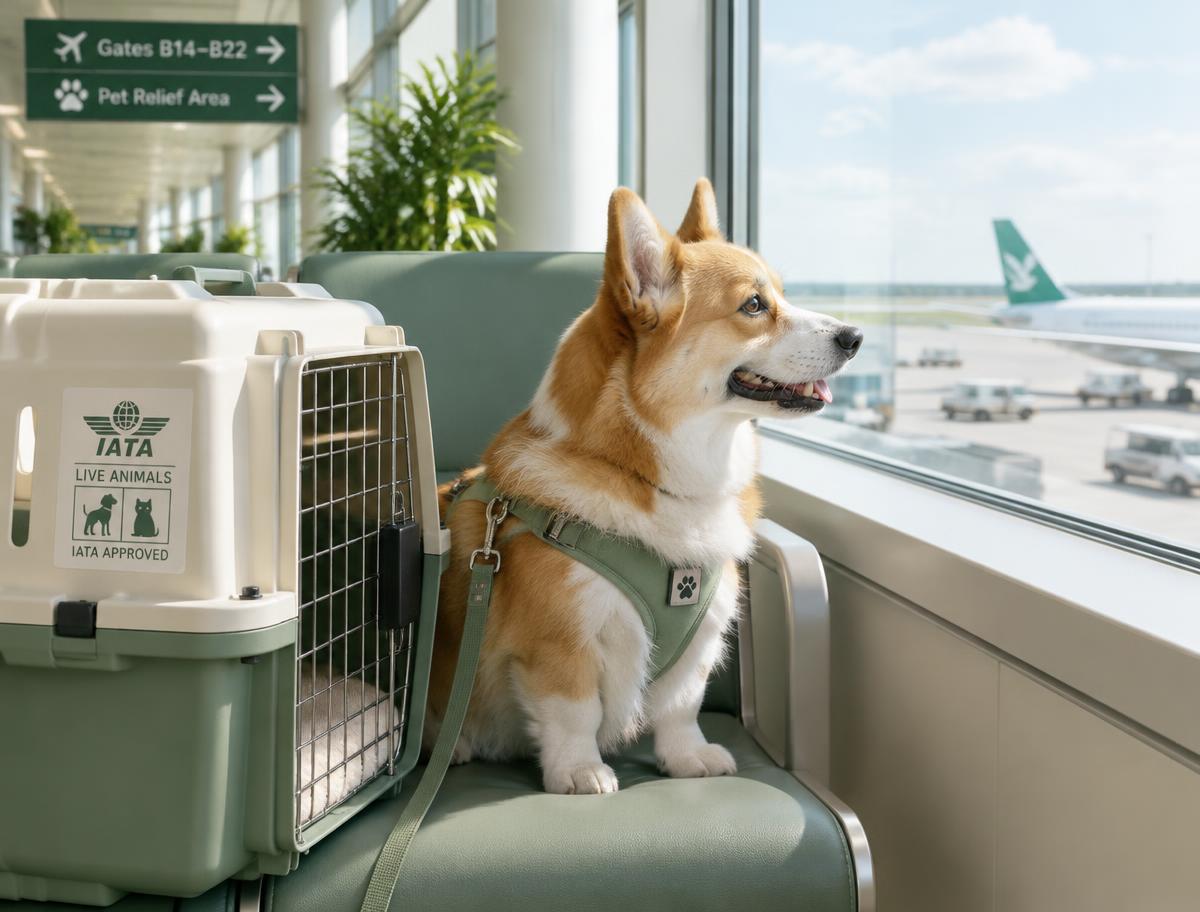 A corgi waiting at an airport beside an IATA-approved travel crate